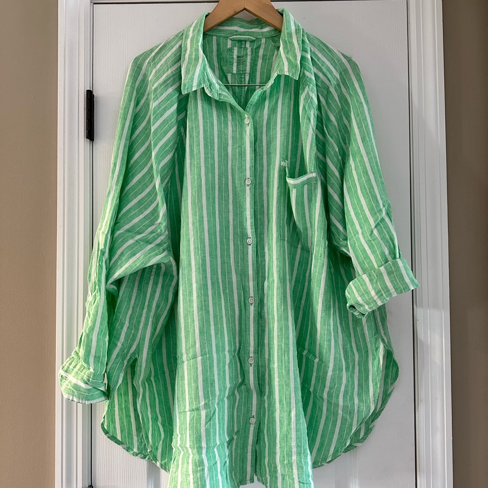 Aerie linen Green and White Striped Button-Up Shirt